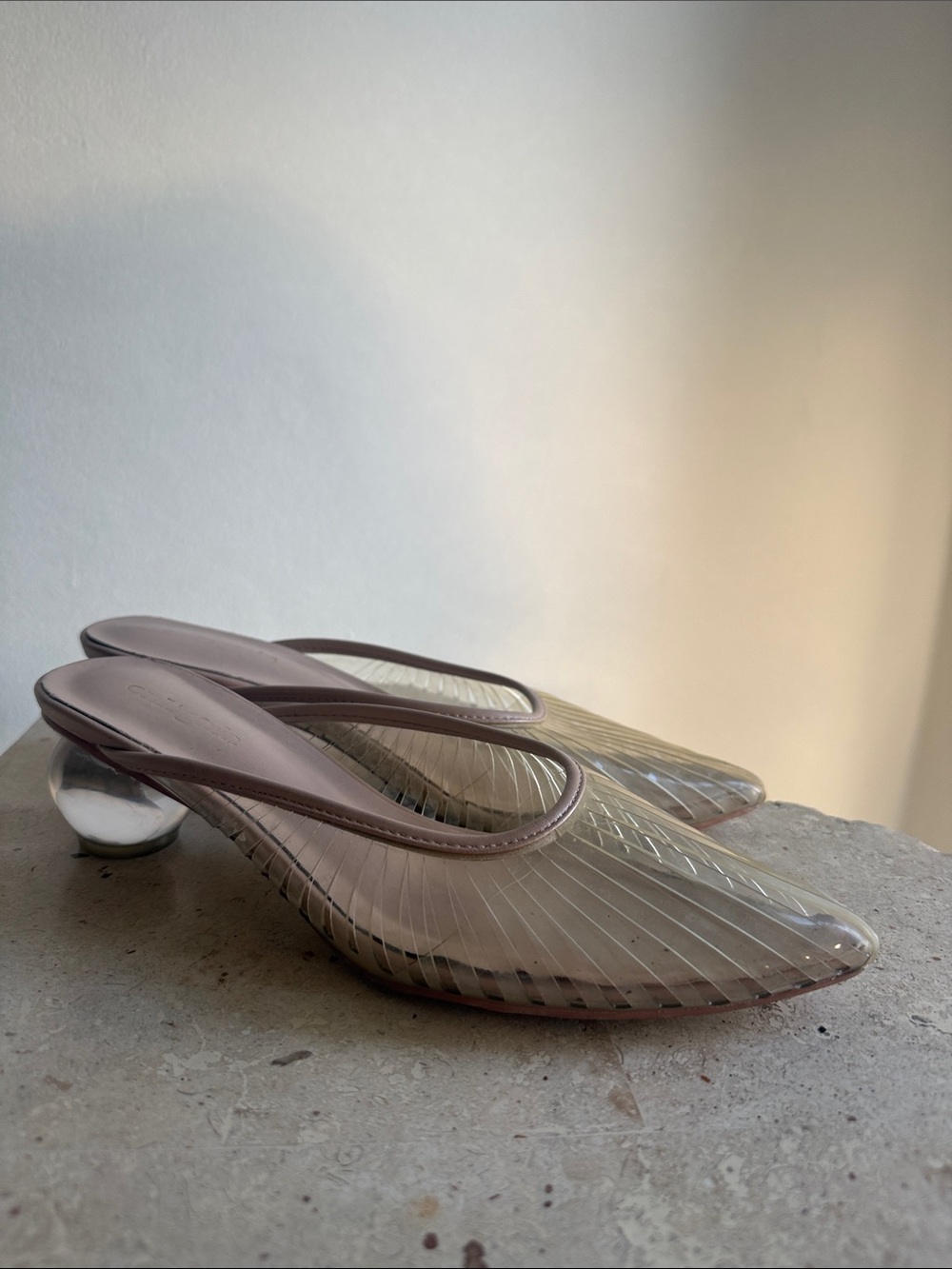 cult gaia Clear Pointed Mule Heels with Taupe Trim